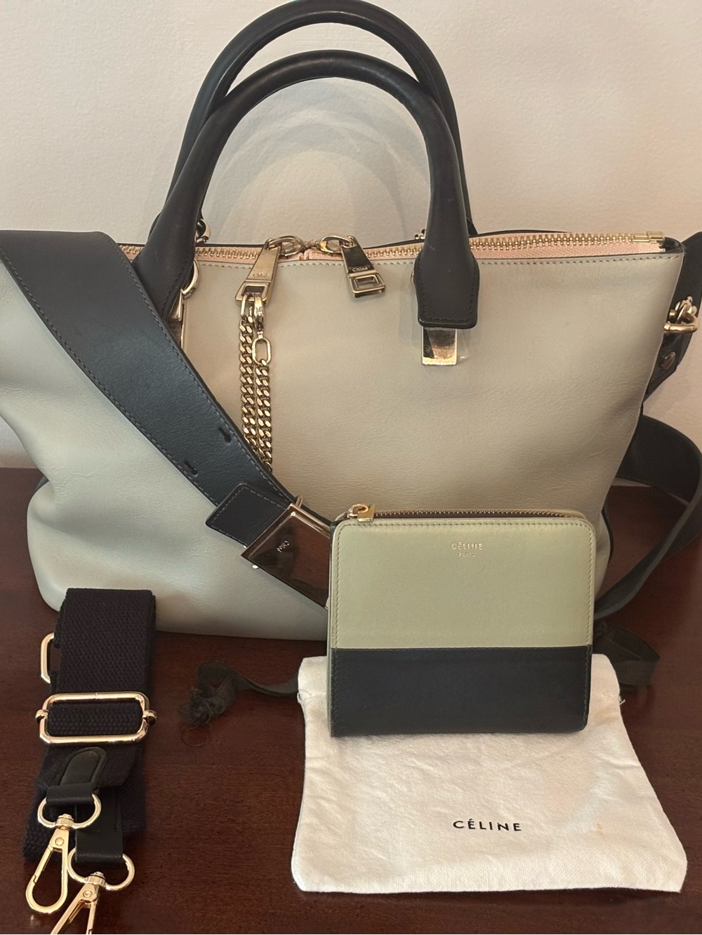 Bundle of Two-Tone Chloe Leather Tote Bag & Celine Wallet in Pistachio & Black